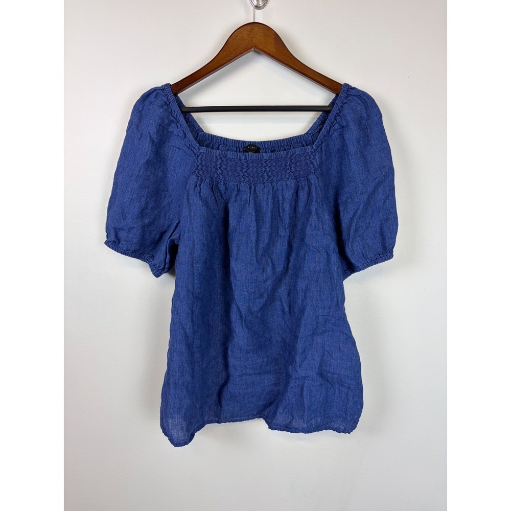 Talbots Linen Square Neck Blouse Large‎ Blue Puff Sleeve Smocked Peasant Top